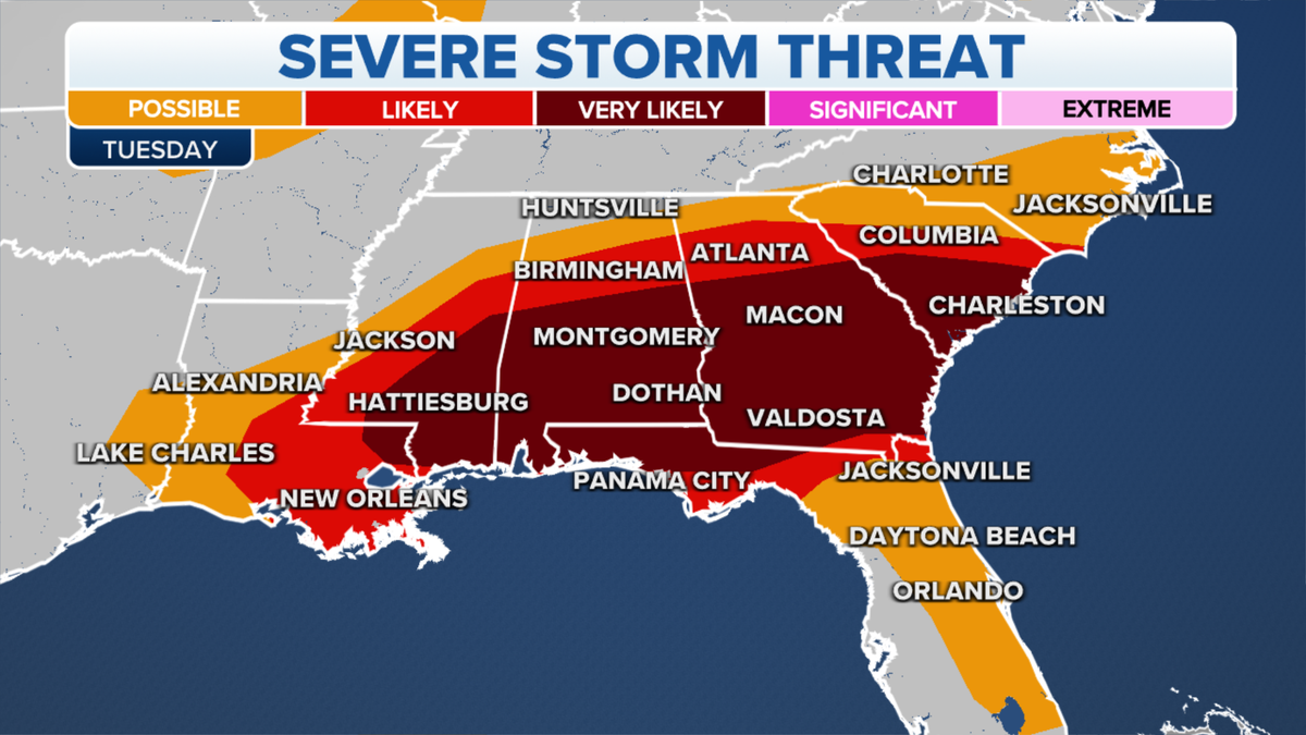 Map of severe storm threats in the Southeast