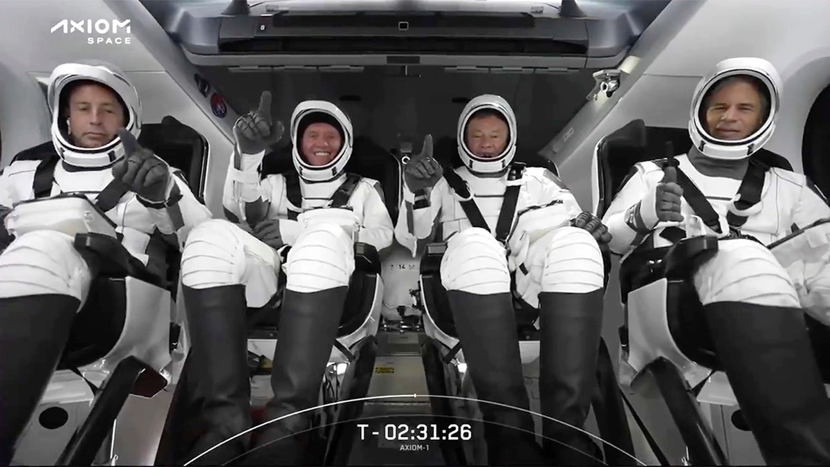 This photo provided by SpaceX shows the SpaceX crew seated in the Dragon spacecraft on Friday, April 8, 2022 in Cape Canaveral, Fla. (SpaceX via AP)