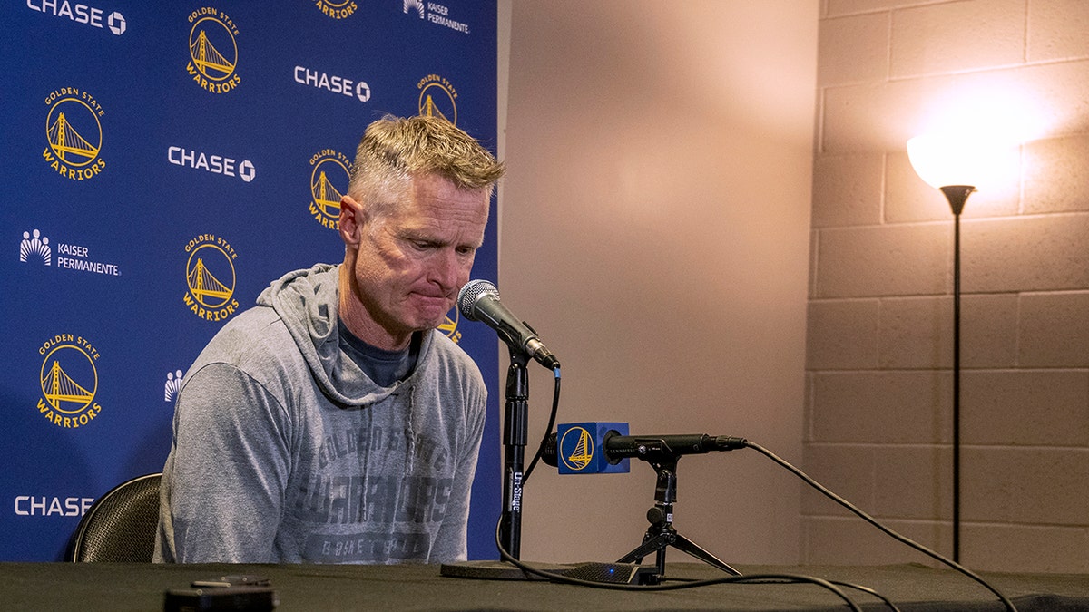 Golden State Warriors coach Steve Kerr speaks Sunday, April 3, 2022, to local media about gun legislation, following the shooting that left six people dead and 12 injured early Saturday in Sacramento, California. Kerr spoke before the team's NBA basketball game against the Sacramento Kings.
