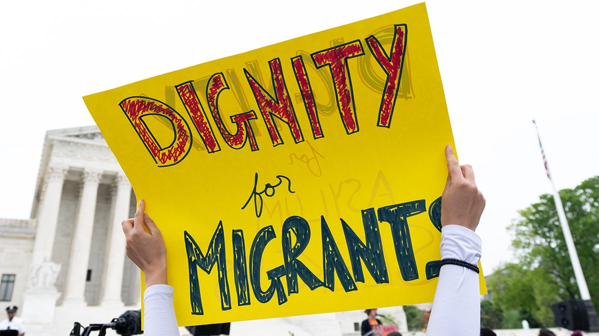 Immigration activists demonstrate in front of the U.S. Supreme Court in Washington on Tuesday, April 26, 2022, as the Supreme Court hears oral arguments in the Biden v. Texas case. (Bill Clark/CQ-Roll Call, Inc via Getty Images)