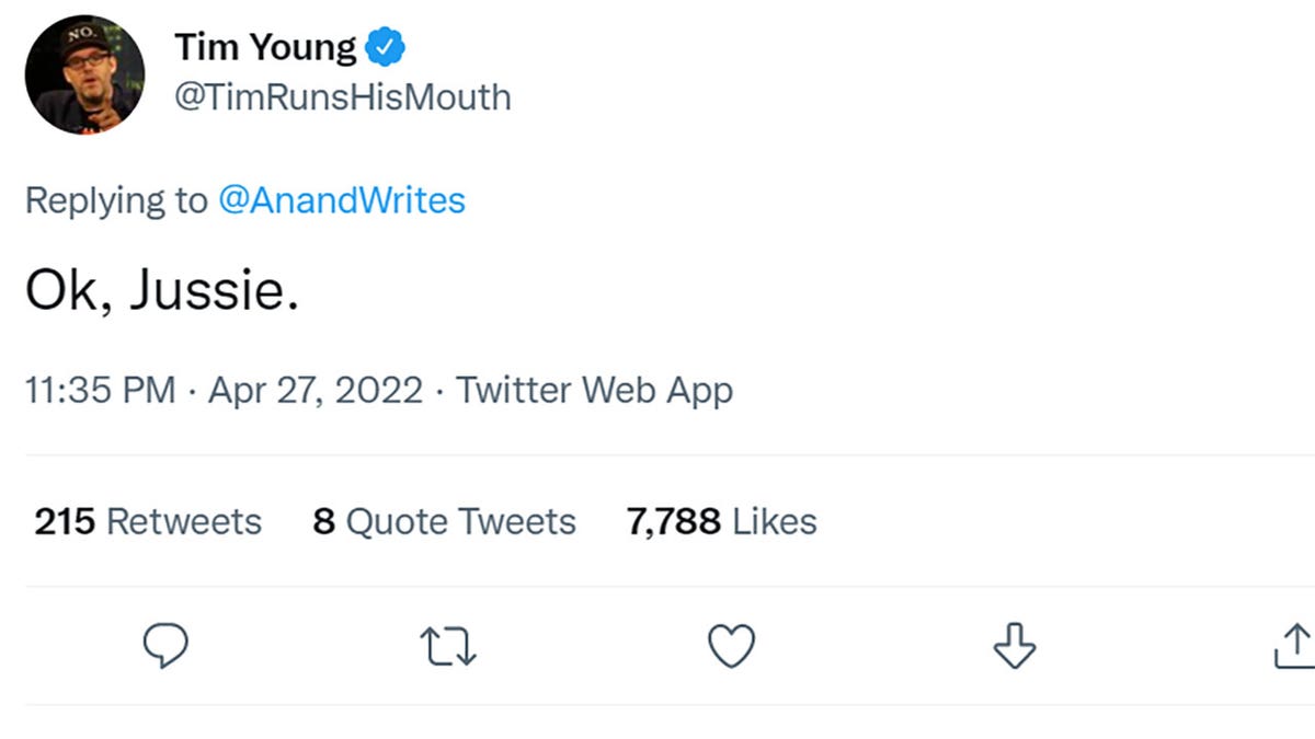 Tim Young tweeted "Ok, Jussie."