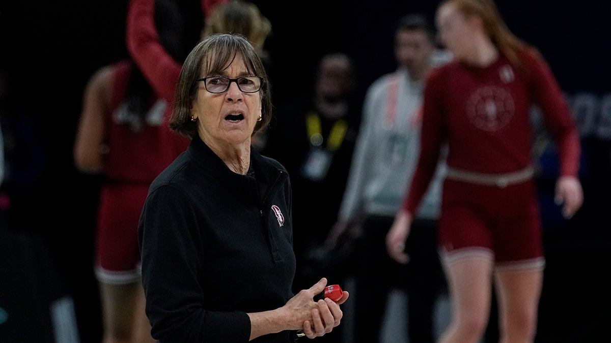 Stanford head coach Tara VanDerveer watches during a practice session for a college basketball game in the semifinal round of the Women's Final Four NCAA tournament Thursday, March 31, 2022, in Minneapolis.