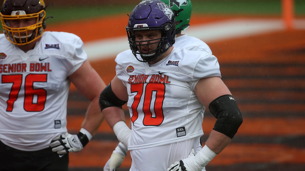 National offensive lineman Trevor Penning of Northern Iowa (70) during the Reese's Senior Bowl practice session on February 2, 2002 at Hancock Whitney Stadium in Mobile, Alabama.