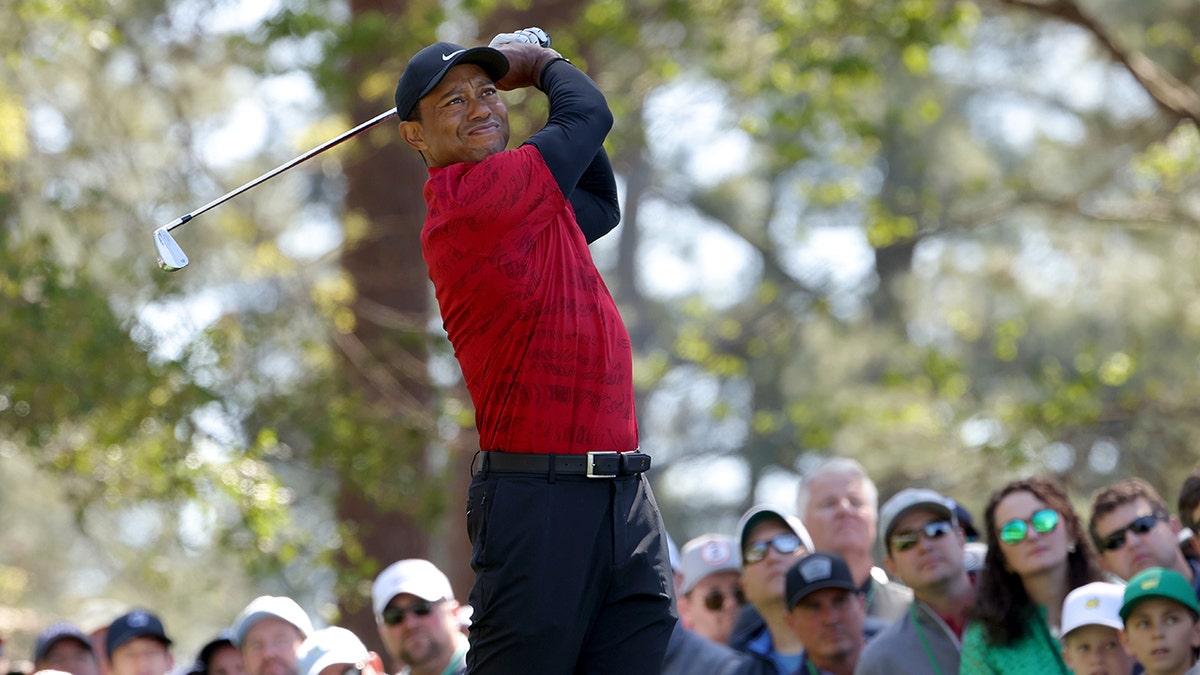 Tiger Woods plays his shot from the fourth tee during the final round of the Masters on April 10, 2022.