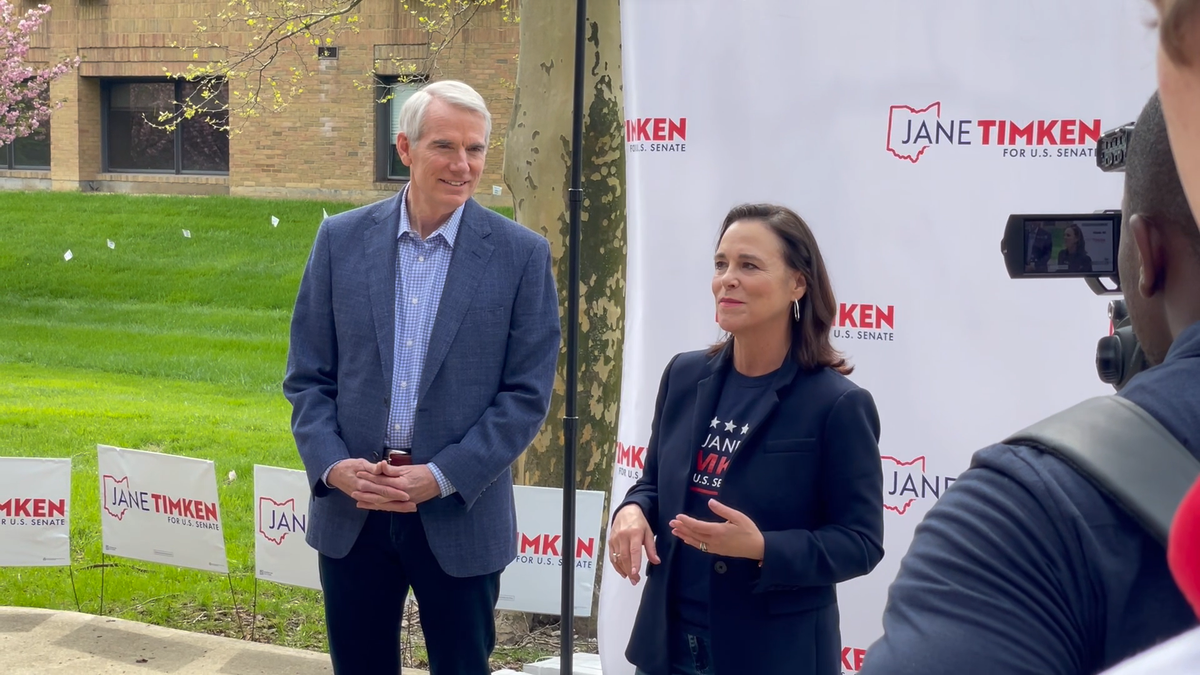 Ohio Senate candidate Jane Timken addresses supporters with Sen. Rob Portman, R-Ohio, on April 30, 2022, in Columbus, (Tyler Olson/Fox News)