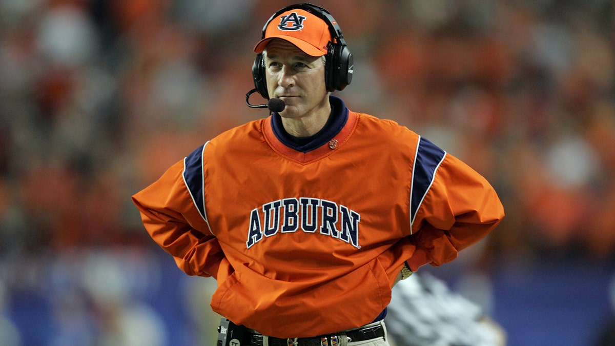 Closeup of Auburn coach Tommy Tuberville during game vs Tennessee, Atlanta, GA on Dec. 4, 2004.