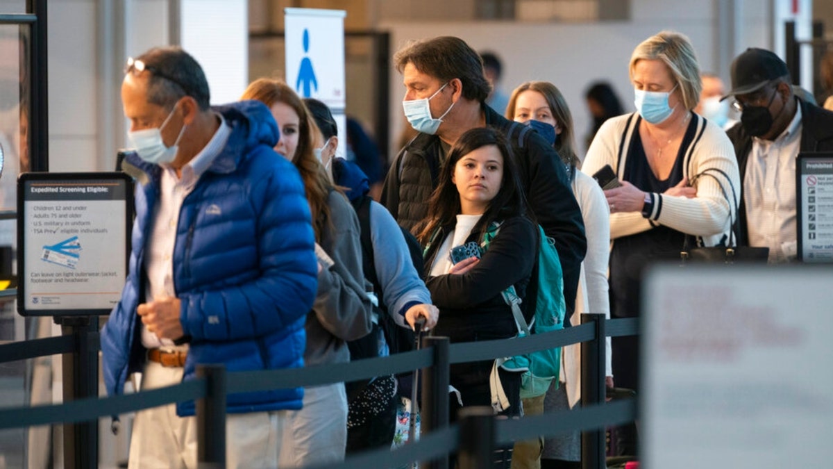 Passengers wait in line at the security checkpoint at Ronald Reagan Washington National Airport