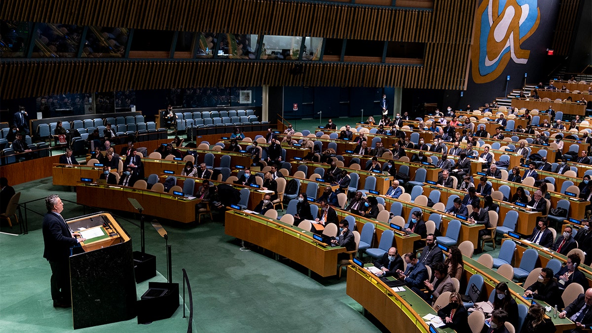 Sergiy Kyslytsya, Permanent Representative of Ukraine to the United Nations, speaks during a meeting of the United Nations General Assembly, Thursday, April 7, 2022, at United Nations headquarters. (AP Photo/John Minchillo)
