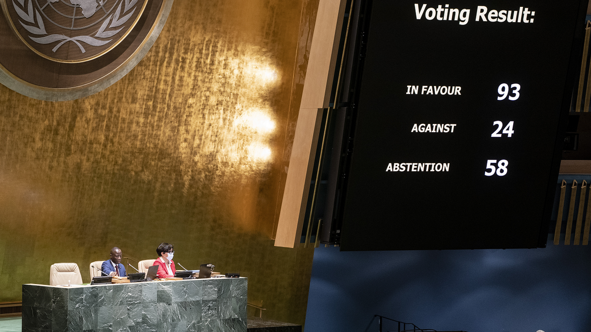 A completed resolution vote tally to affirm the suspension of the Russian Federation from the United Nations Human Rights Council is displayed during a meeting of the United Nations General Assembly on Thursday.