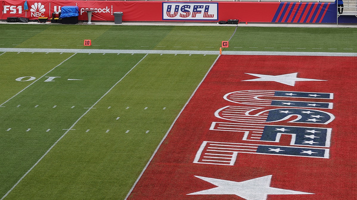 The logo for the United States Football League is seen in the end zone before the game between the New Jersey Generals and the Birmingham Stallions at Protective Stadium on April 16, 2022 in Birmingham, Alabama.