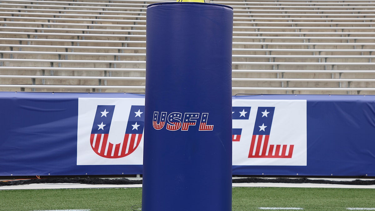The logo for the United States Football League is seen on the field before the game between the New Jersey Generals and the Birmingham Stallions at Protective Stadium on April 16, 2022 in Birmingham, Alabama.