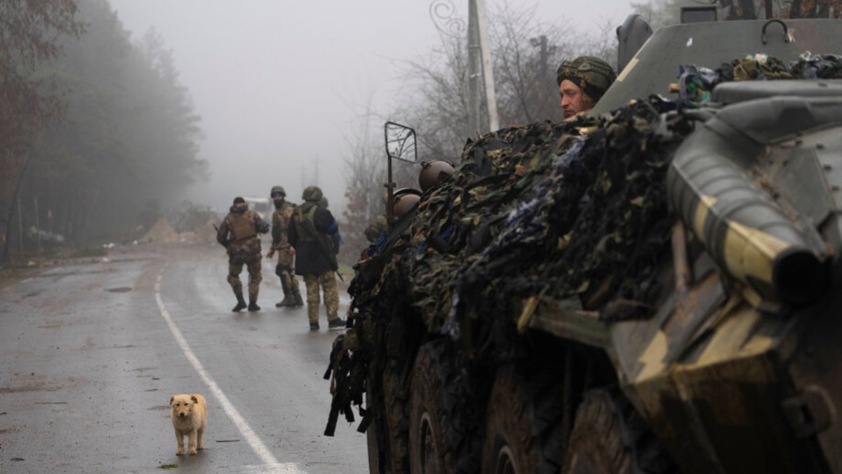 A dog and Ukrainian army soldiers in the street on the outskirts of Kyiv.