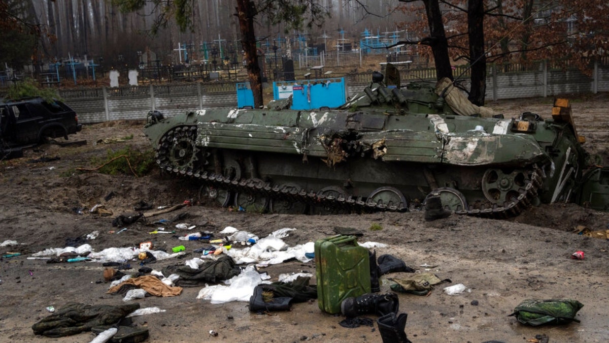 Military gear left behind by Russian soldiers on the outskirts of Kyiv.