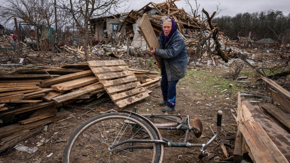 Ukraine woman collects wooden planks in Chernihiv