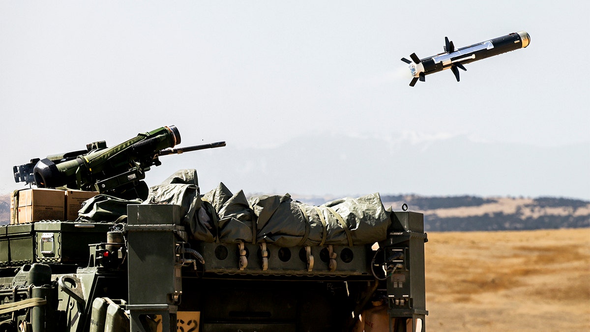 A Javelin missile fired by soldiers with the 2nd Stryker Brigade Combat Team heads toward a target during a live-fire training exercise on April 28, 2022 in Fort Carson, Colorado. (Photo by Michael Ciaglo/Getty Images)