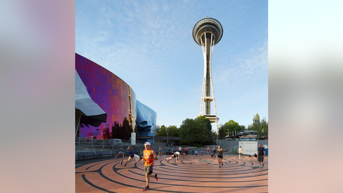 Play and training area next to Museum of Pop Culture. Space Needle, Seattle, United States. Architect: Olson Kundig, 2020. 