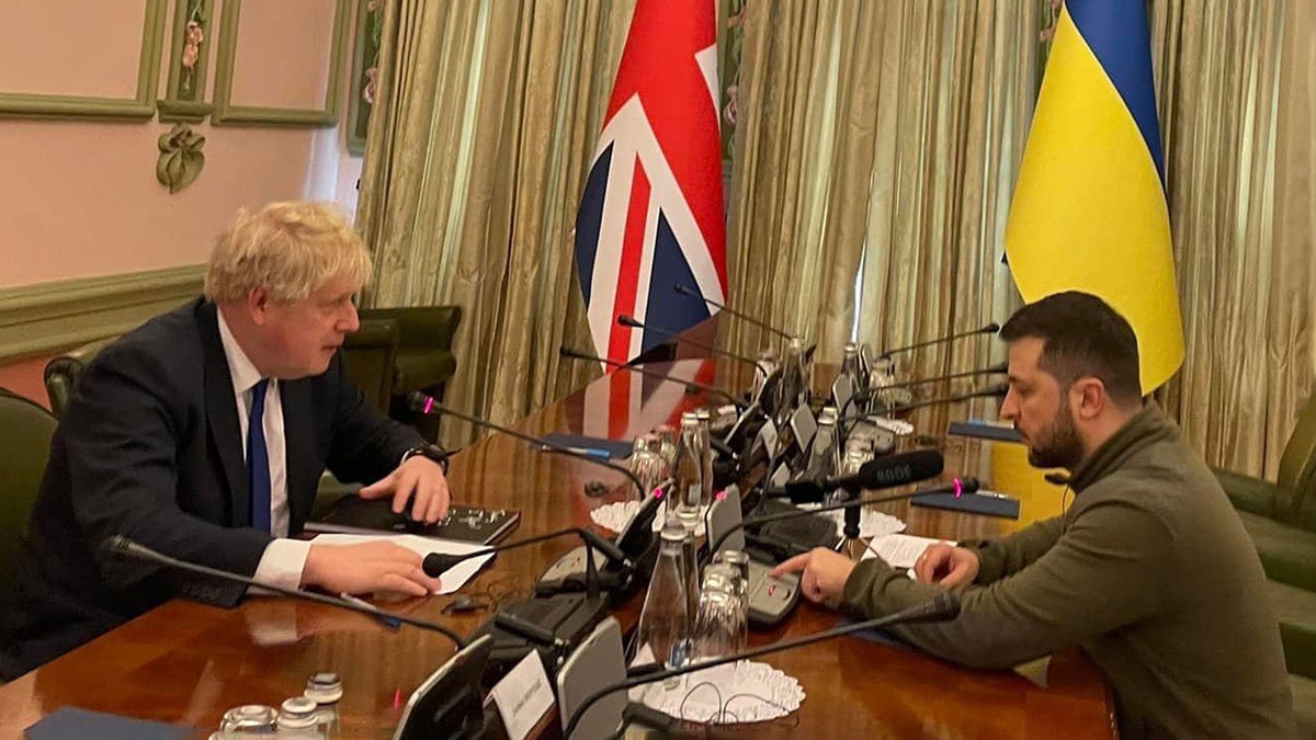 United Kingdom Prime Minister Boris Johnson meets with Ukrainian President Volodymyr Zelenskyy in Kyiv, Ukraine, Saturday, March 9, 2022.