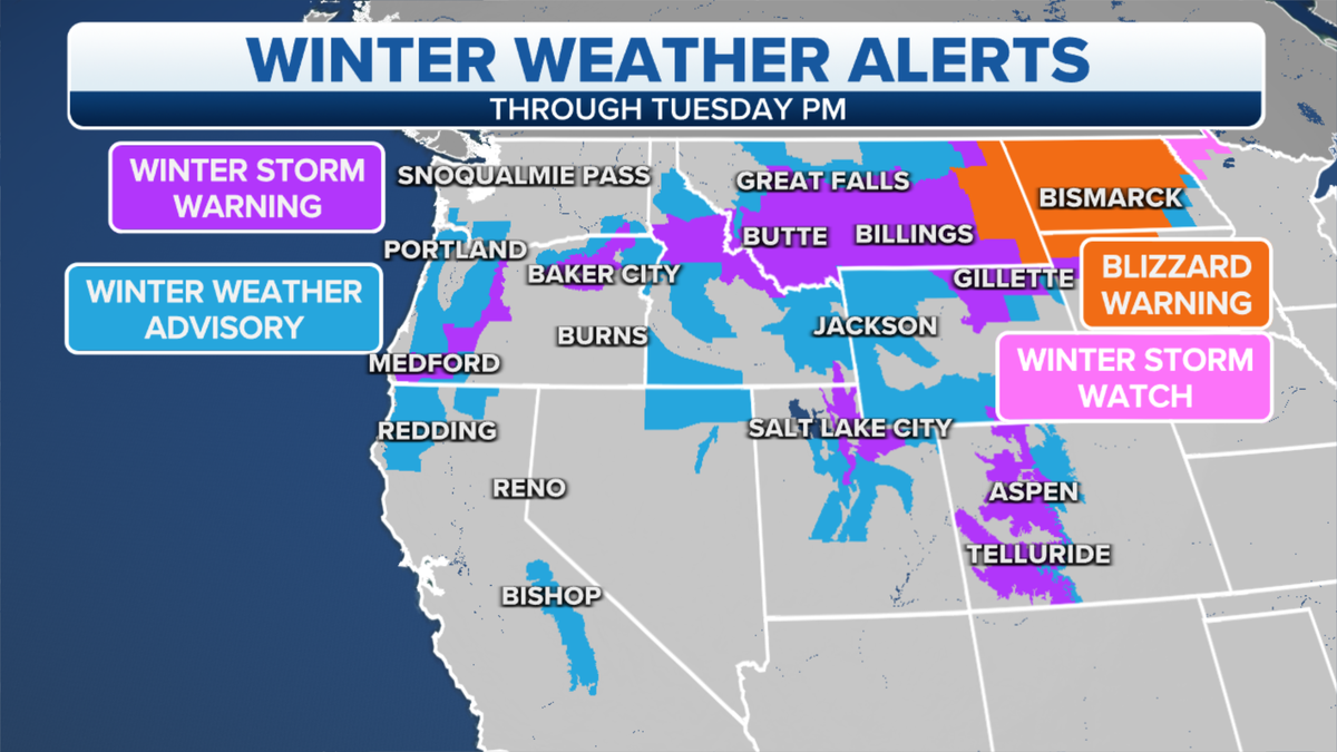 Western winter weather alerts through Tuesday