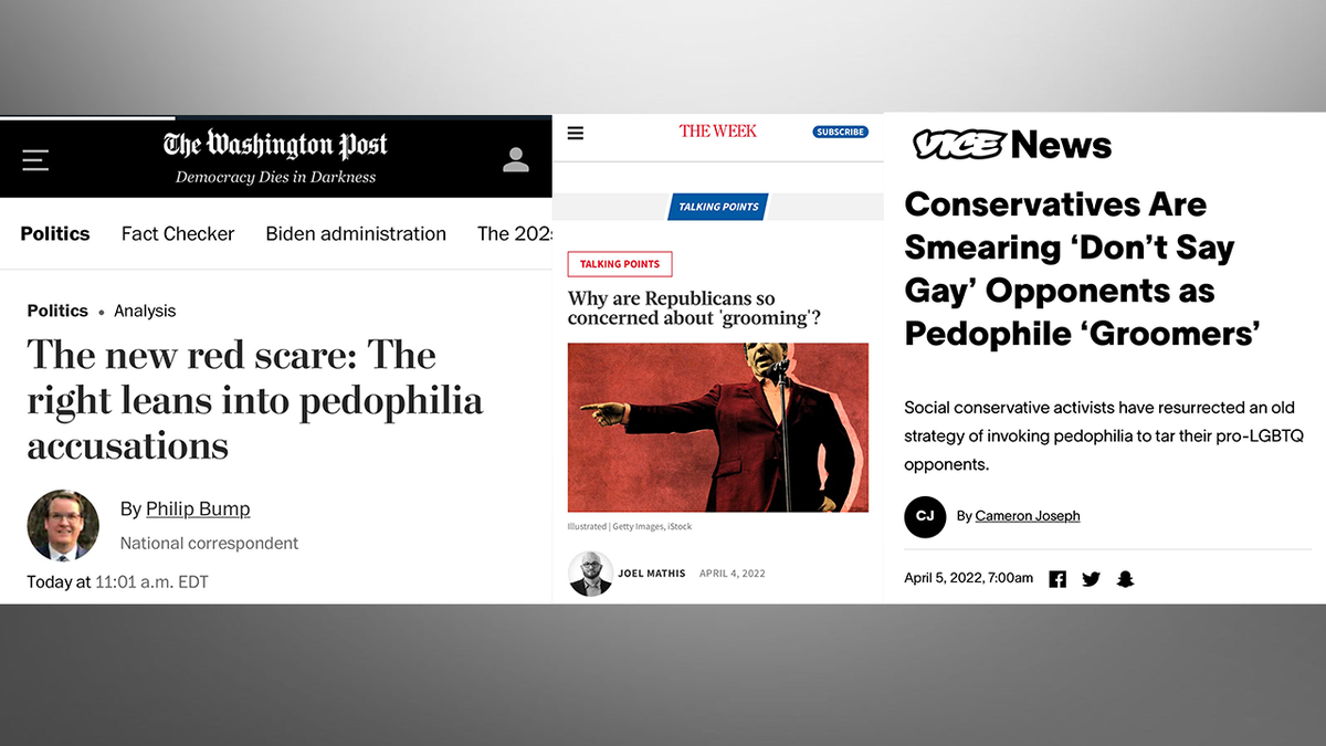 Articles from The Washington Post, The Week, and Vice News on Republican concerns about child grooming and pedophilia. 