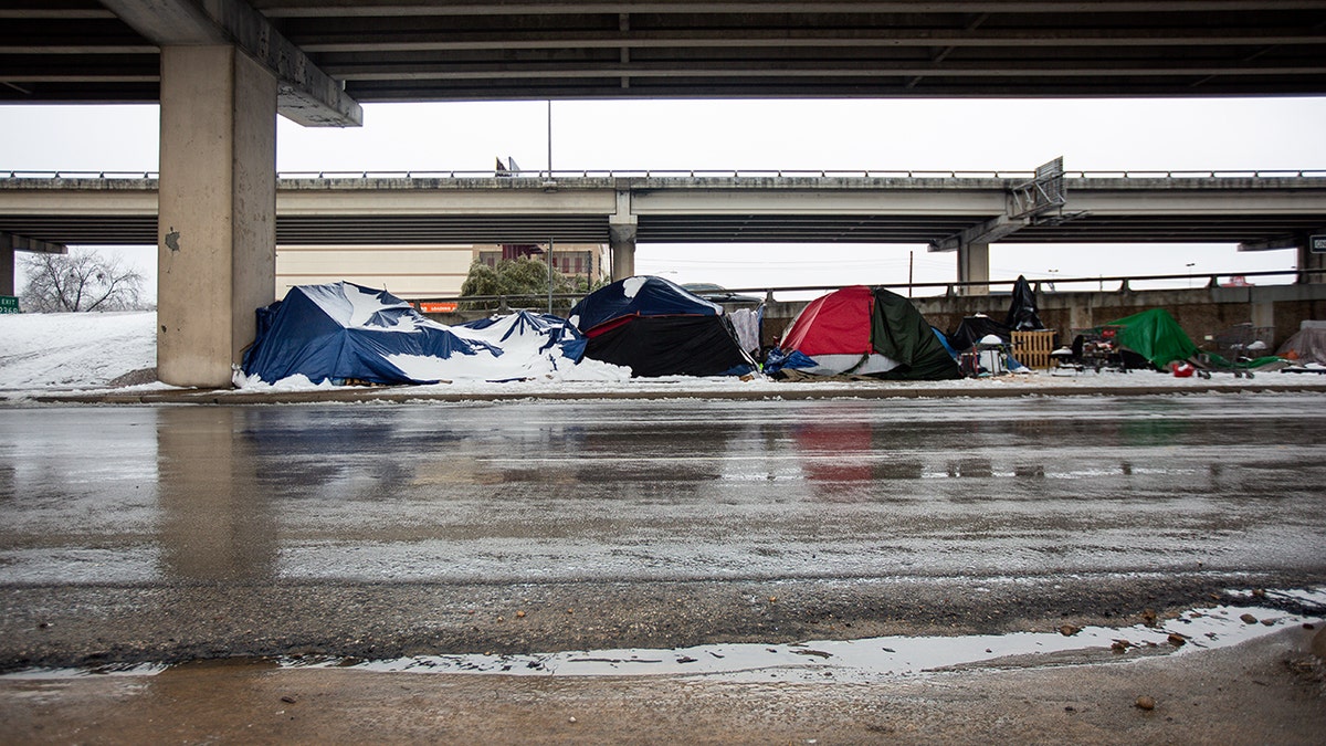 Homeless camps sit along the I-35 frontage road in Austin, Texas, on February 17, 2021. 