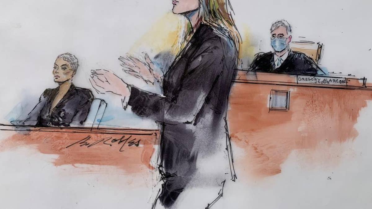 In this courtroom artist sketch, Los Angeles Superior Court Judge Gregory W. Alarcon sits in court in Los Angeles, Tuesday, April 19, 2022