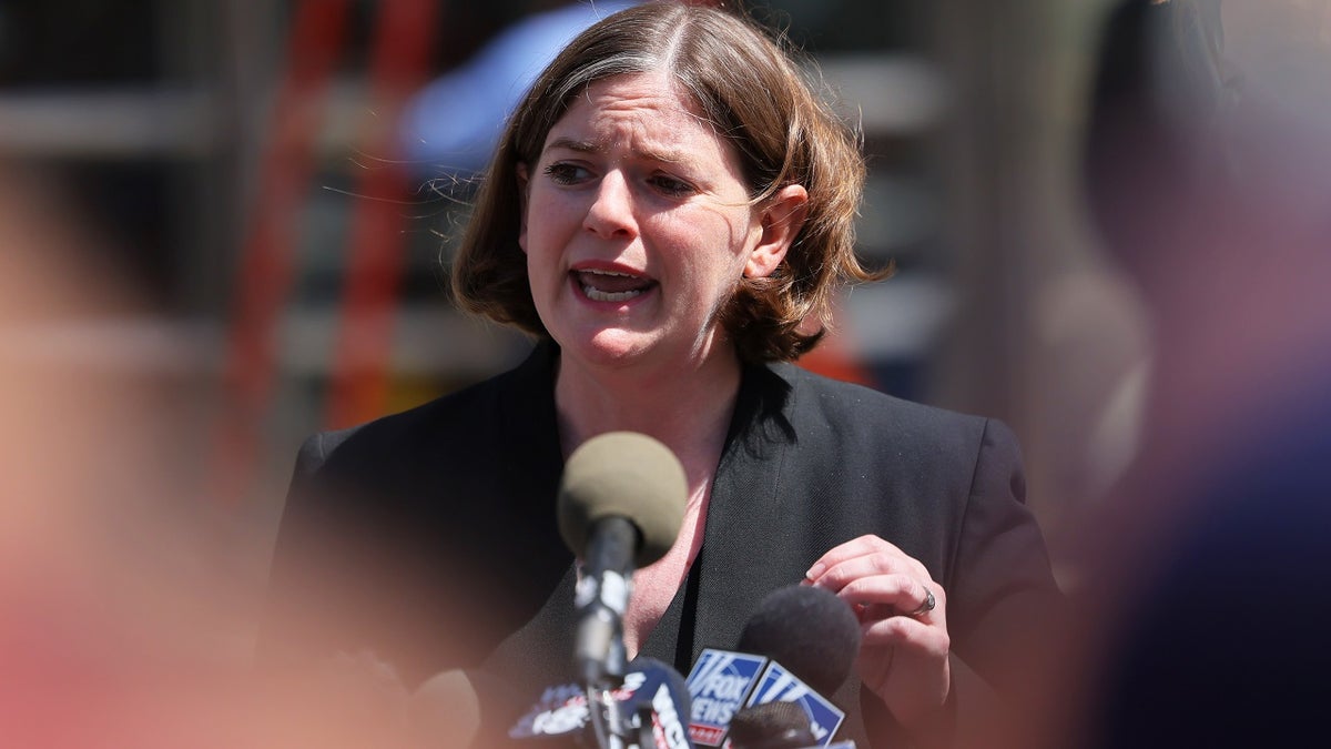 Mia Eisner-Grynberg, of Federal Defenders of New York and lawyer for mass shooting suspect Frank James, speaks with members of the media after a brief proceeding in Federal Court on April 14, 2022 in New York City.