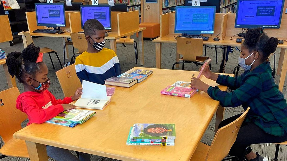 Homeschooled kids study at the library