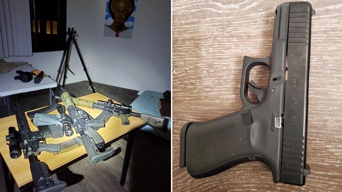 Firearms recovered in the apartment of the suspect who was found dead after the shooting. 