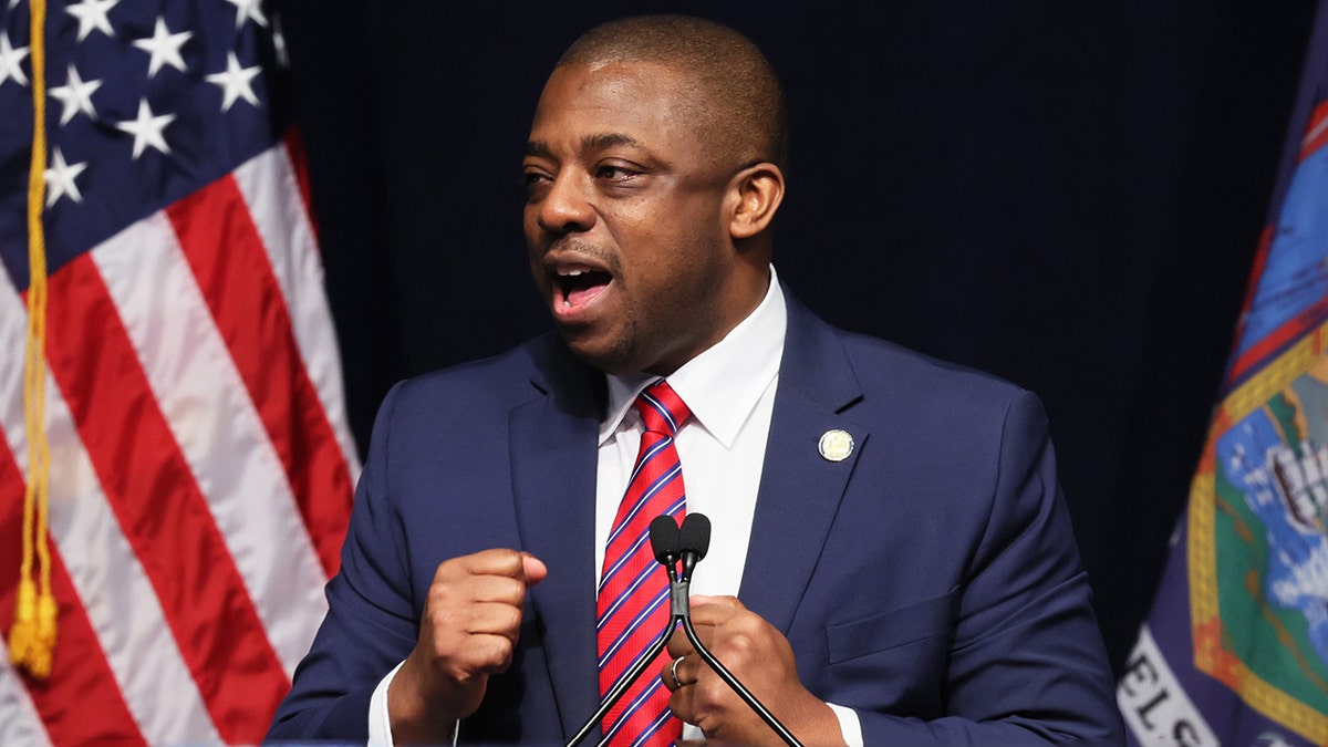 New York Lt. Gov. Brian Benjamin speaks during the 2022 New York State Democratic Convention at the Sheraton New York Times Square Hotel on Feb. 17, 2022 in New York City. (Photo by Michael M. Santiago/Getty Images)