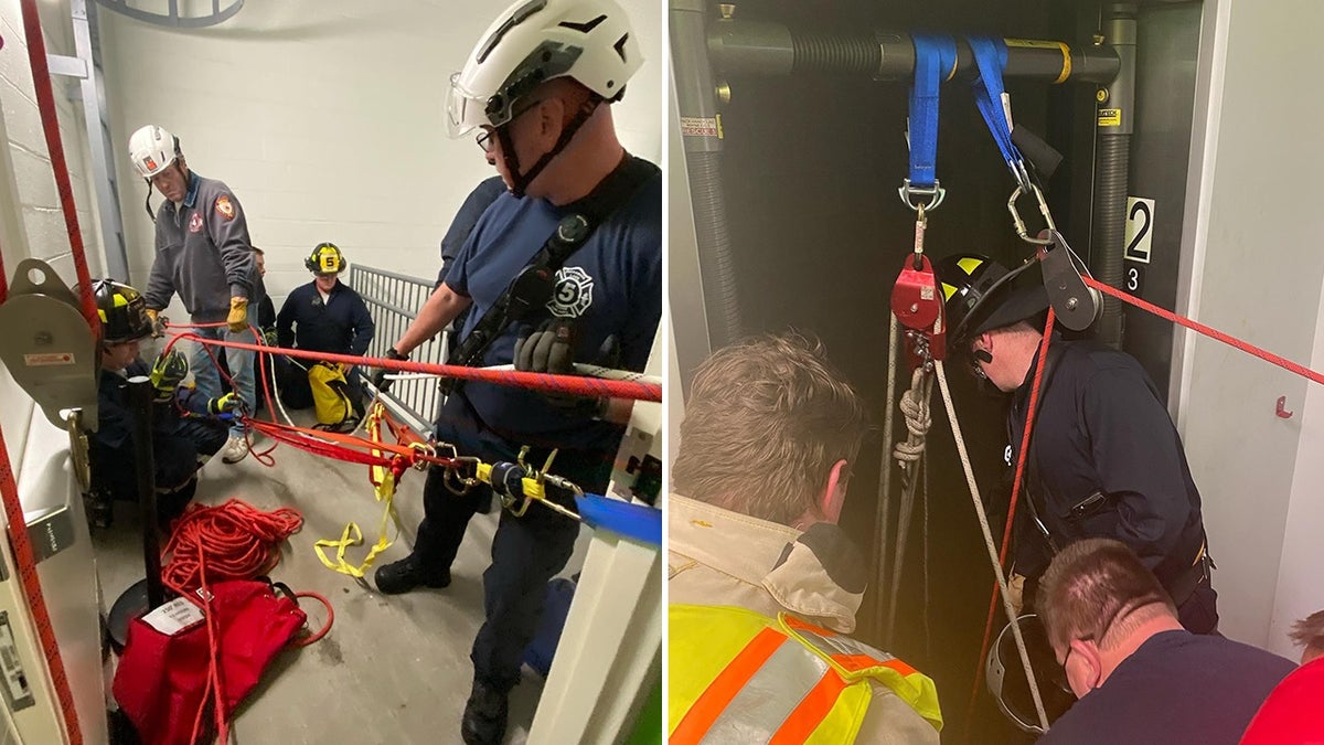 New Jersey firefighters rappelled down an elevator shaft to rescue six children on Friday when an industrial elevator they were inside got stuck between floors.