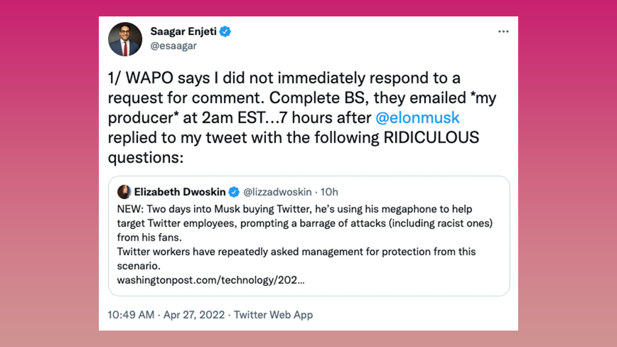 Saagar Enjeti slams the Washington Post for accusing him of helping to harass Twitter executive.