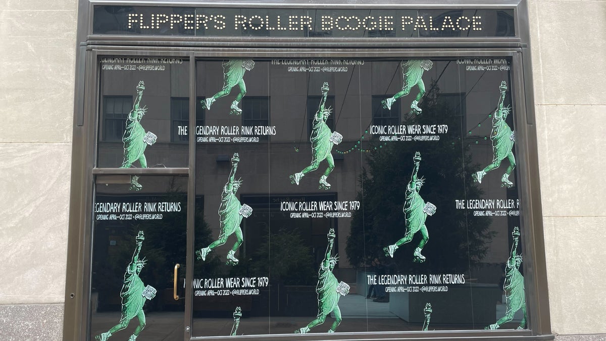 Advertising for Flipper's Roller Boogie Palace at Rockefeller Center