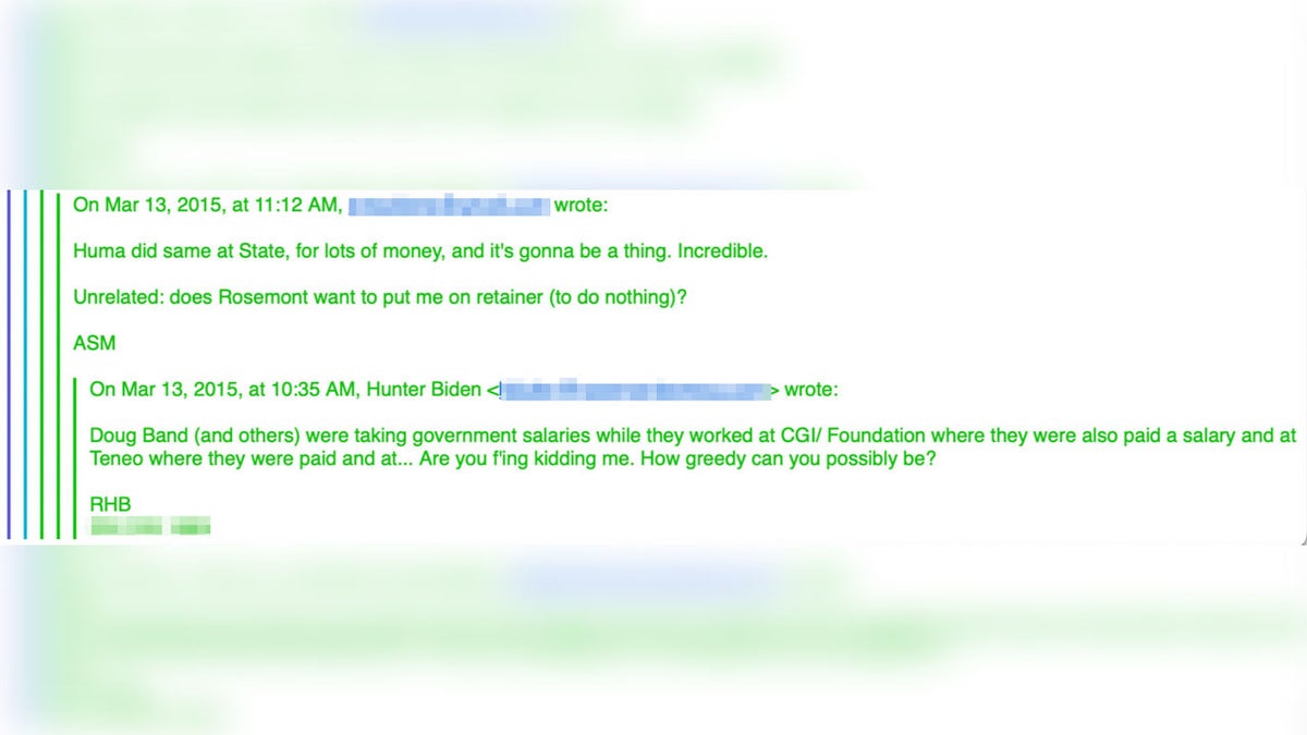 In a March 2015 email exchange with Mackler, Hunter Biden also ripped the Clintons’ inner circle, including longtime Bill Clinton confidante Doug Band and former Hillary Clinton aide Huma Abedin, as