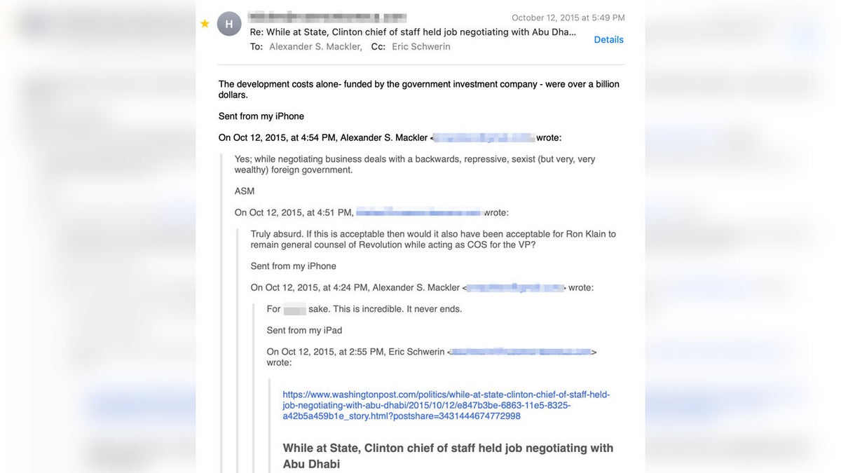 In another email exchange in late 2015, Hunter Biden and Mackler continued to take shots at a close Hillary Clinton aide, responding to a Washington Post article Schwerin shared with the headline, "While at State, Clinton chief of staff held job negotiating with Abu Dhabi," referring to Cheryl Mills.