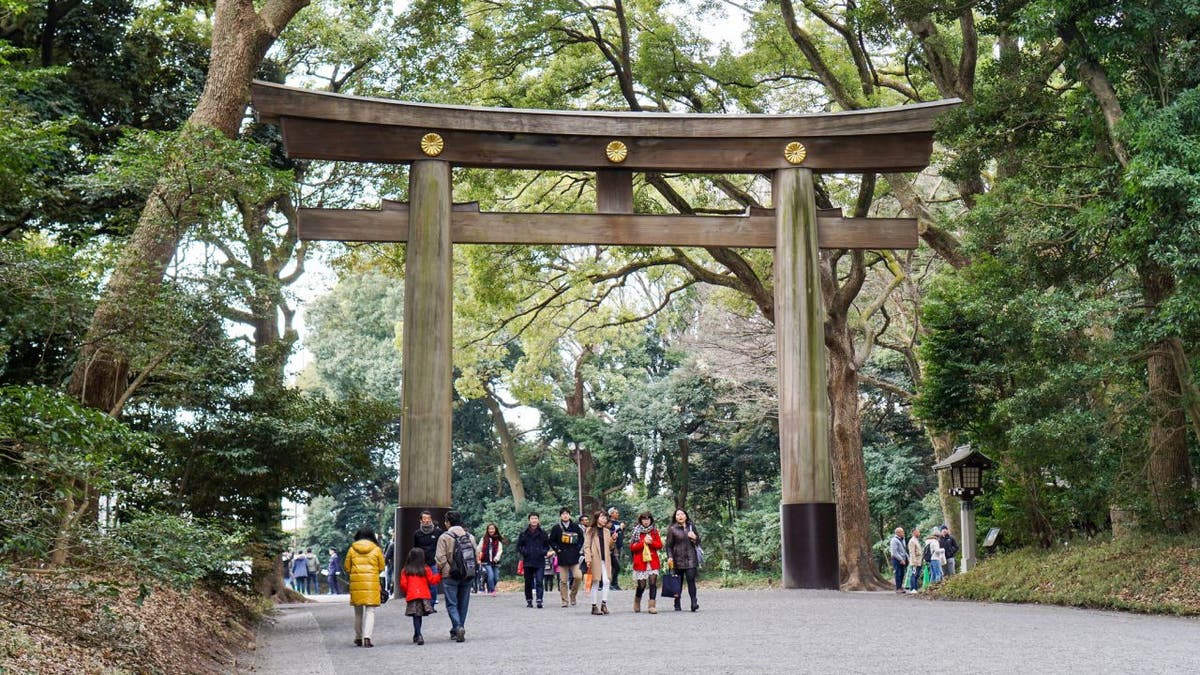 Tourists walk throug wooden toji at meiji jingu shrine in Japan