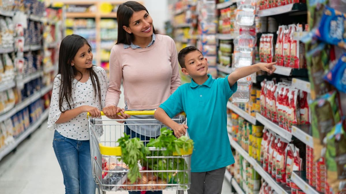 kids grocery shop with mom