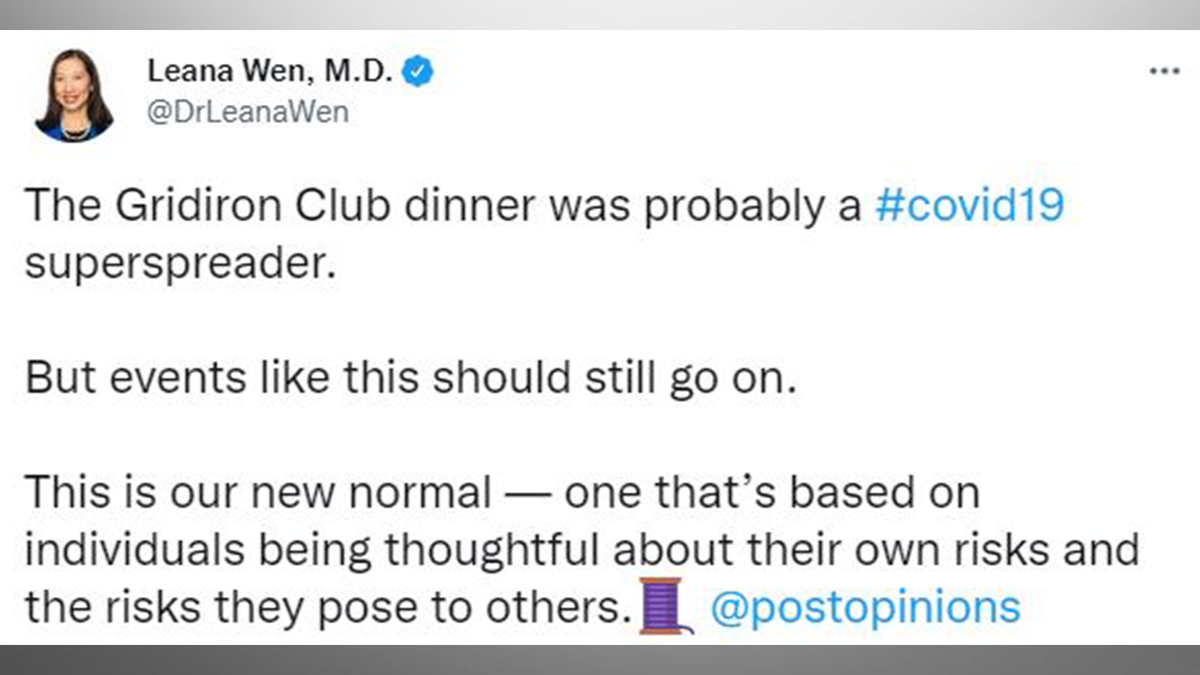 An April 7, 2022 image from Dr. Leana Wen's Twitter account in which she said that probable "suprespreader" events like The Girdiron Club dinner should go as the world adapts to a "new normal."