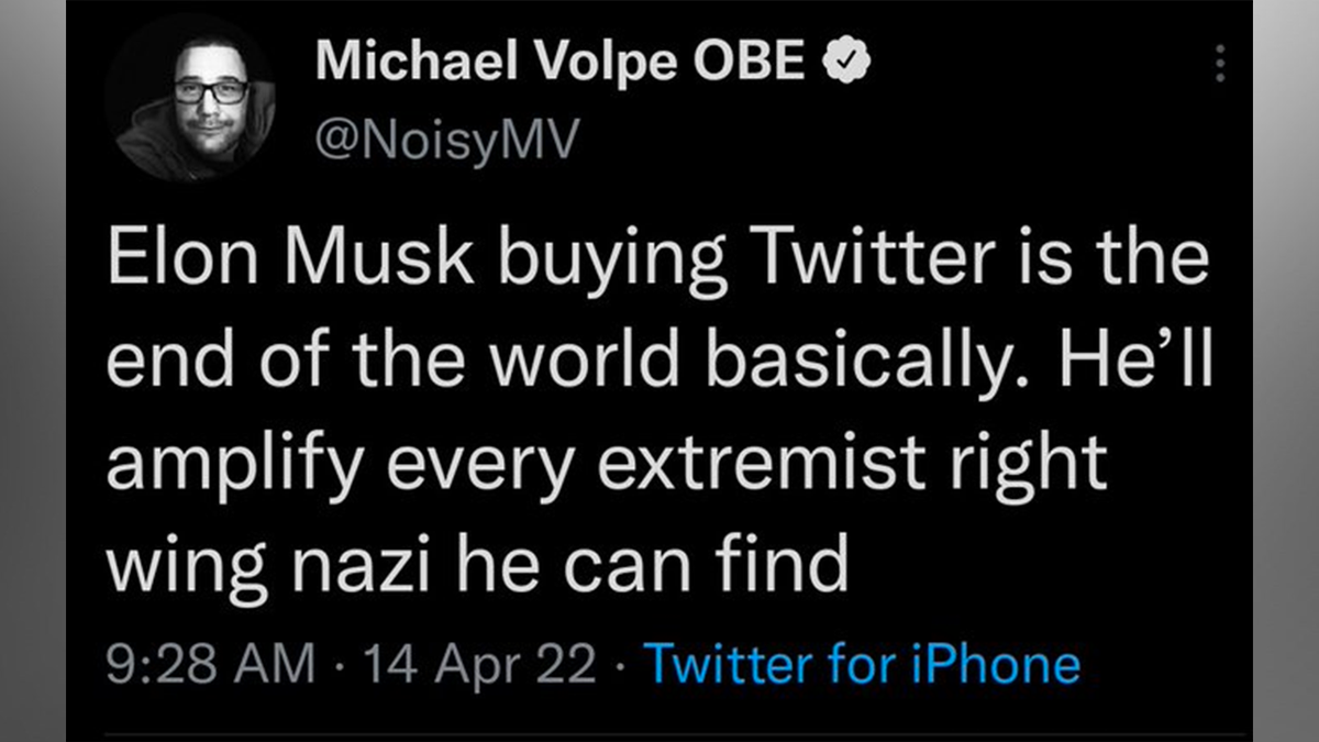 A tweet sent by Michael Volpe about Elon Musk on April 14, 2022