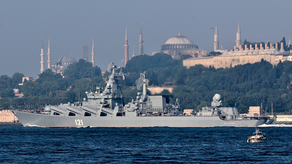 The Russian Navy's guided missile cruiser Moskva sails in the Bosphorus, on its way to the Mediterranean Sea, in Istanbul, Turkey in June 2021.