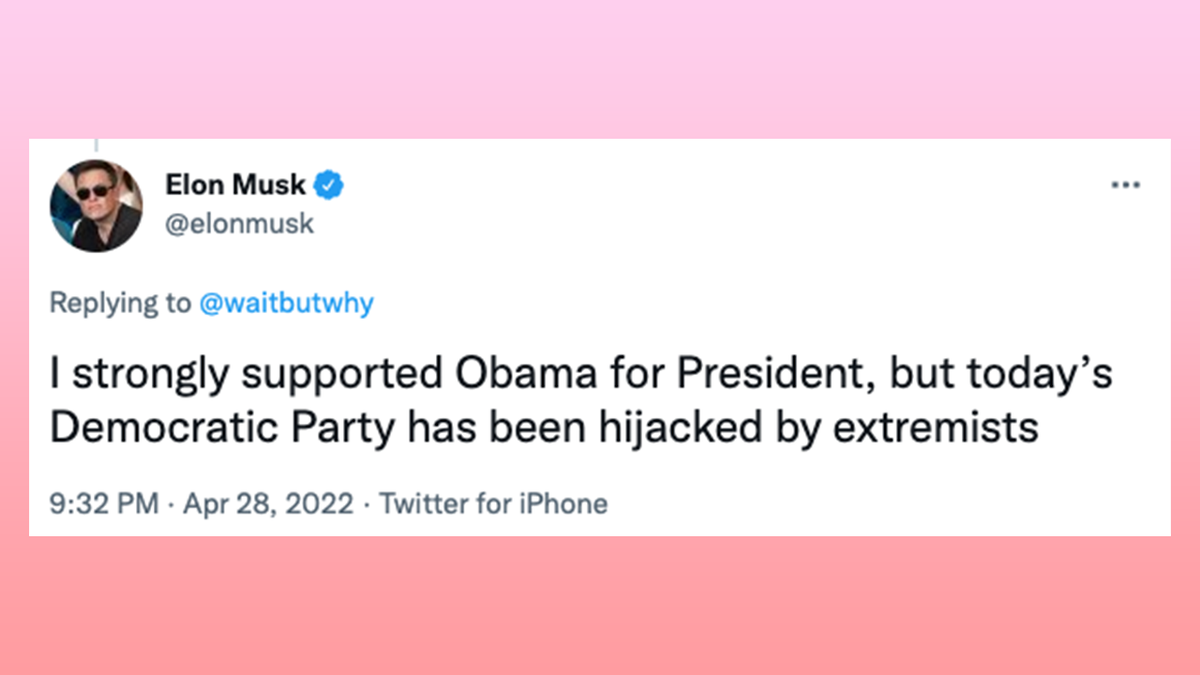 Elon Musk claims Democrat party "hijacked by extremists."