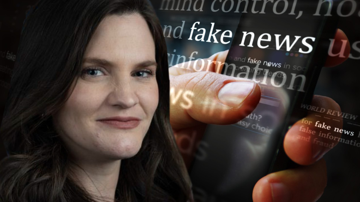 An image of Nina Jankowicz from Twitter and a hand scrolling through 'fake news' 