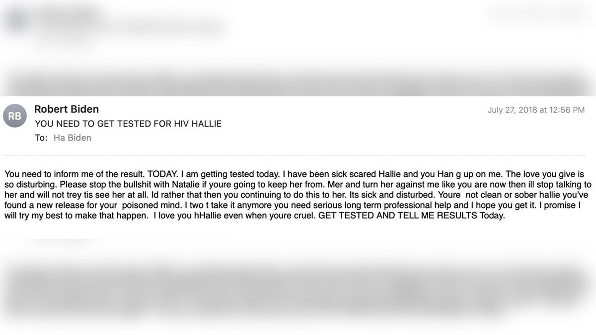 In an email titled, "YOU NEED TO GET TESTED FOR HIV HALLIE," obtained by Fox News Digital, Hunter demanded that Hallie get tested for HIV and inform him of the results that day. 