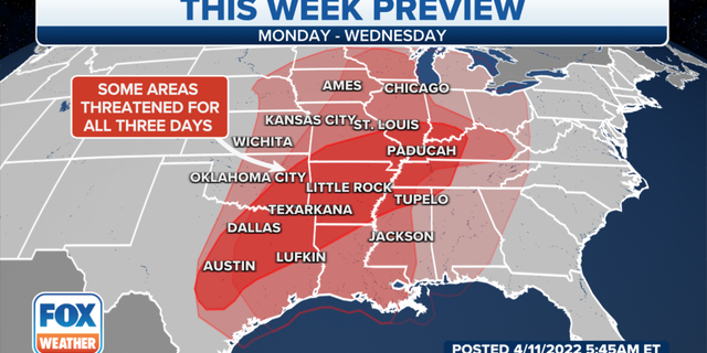The severe weather threat for the beginning of this week.