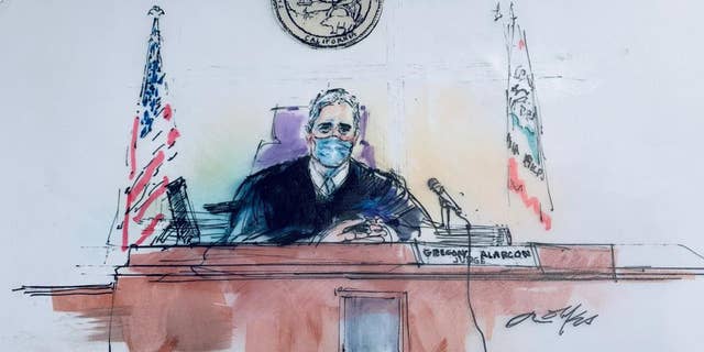 In this courtroom artist sketch, Los Angeles Superior Court Judge Gregory W. Alarcon sits in court in Los Angeles, Tuesday, April 19, 2022. 