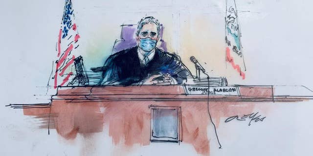 In this courtroom artist sketch, Los Angeles Superior Court Judge Gregory W. Alarcon sits in court in Los Angeles, Tuesday, April 19, 2022.