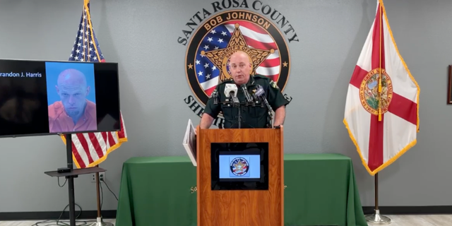 Santa Rosa County Sheriff Bob Johnson told a news conference Thursday that one of the homeowners fired shots at Harris and said he was arrested after he was stuck in a house he allegedly broke into.