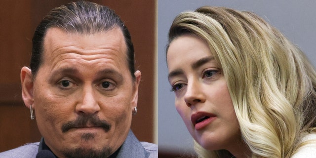 A photo combination of Johnny Depp and Amber Heard at his defamation trial against her.
