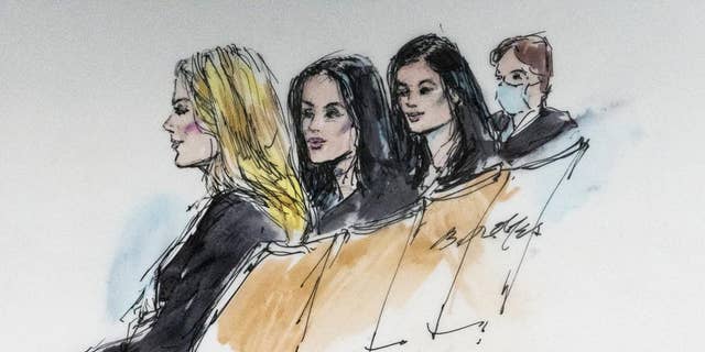 In this courtroom artist sketch, Khloe Kardashian, from left, Kim Kardashian, Kylie Jenner and Kris Jenner sit in court in Los Angeles, Tuesday, April 19, 2022.