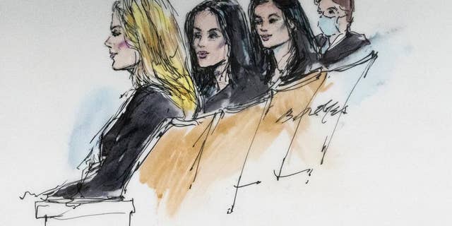 In this courtroom artist sketch, Khloe Kardashian, from left, Kim Kardashian, Kylie Jenner and Kris Jenner sit in court in Los Angeles, Tuesday, April 19, 2022.