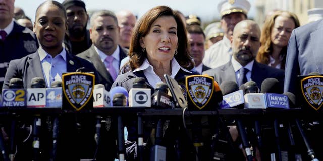 New York Gov. Kathy Hochul speaks at a news conference in the Brooklyn borough of New York, Tuesday, April 12, 2022.